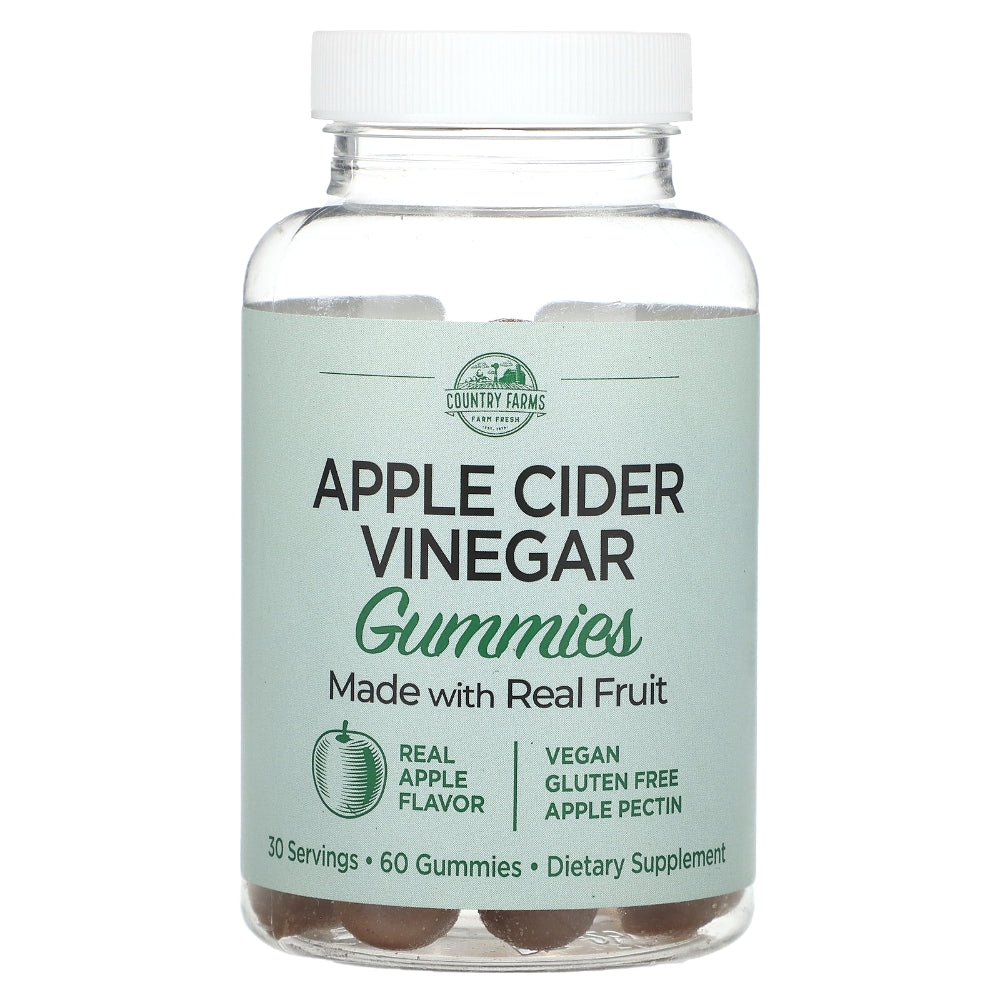 Country Farms Apple Cider Vinegar Gummies with real apple, dietary supplement in a bottle of 60 gummies.