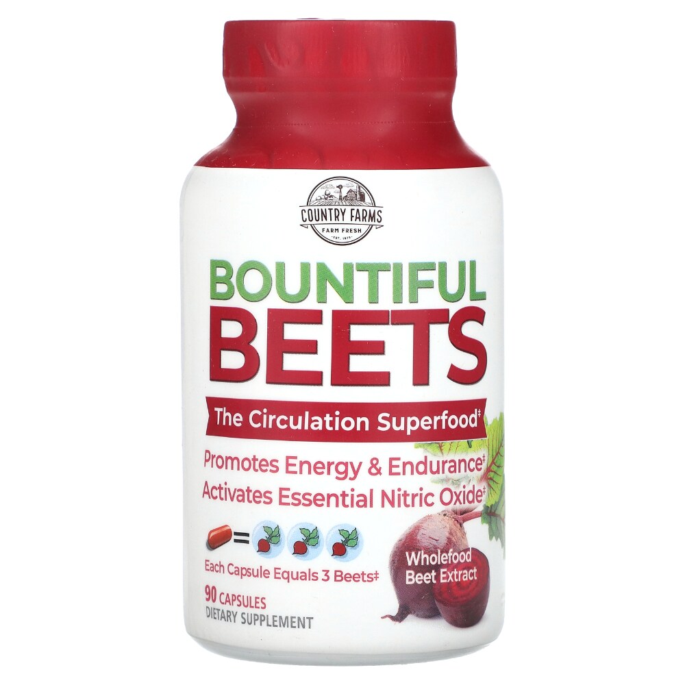 Country Farms Bountiful Beets supplement capsules, 90-count vitamins and supplements in a clear bottle, natural health product.