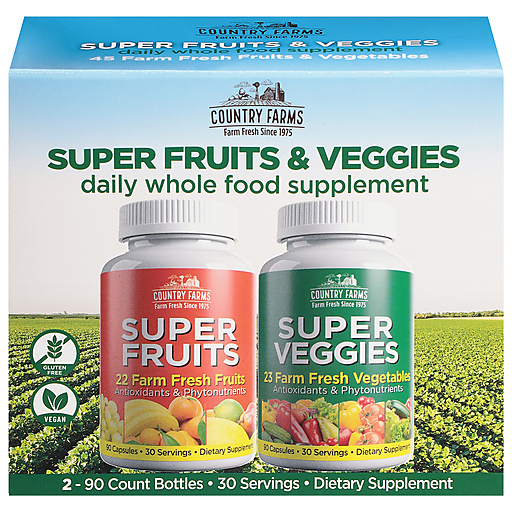 Country Farms Super Fruit & Veggies vitamins and supplements in 30 capsules, natural health support from Pasteur Pharmacy.