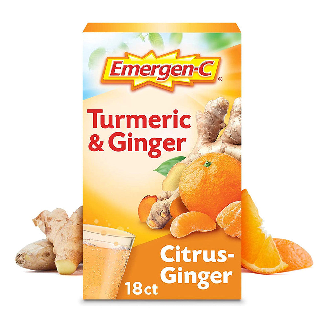Emergen-C Fizzy Drink Mix with turmeric and ginger, citrus ginger flavor, vitamin supplement in a packet, by Pasteur Pharmacy