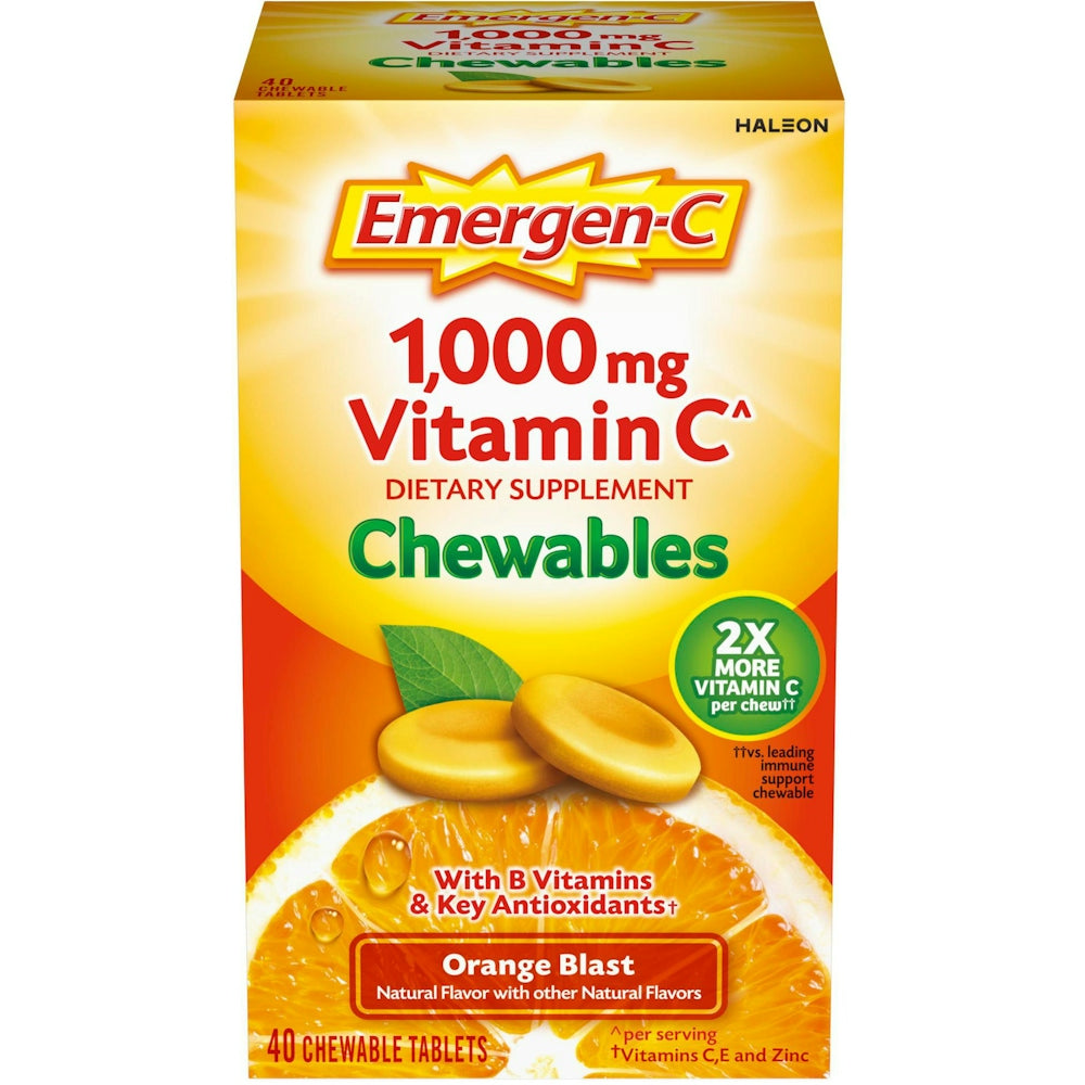 Emergen-C Vitamin C chewable tablets in orange blast flavor, 1000mg, 40 count, from Pasteur Pharmacy, dietary supplement.