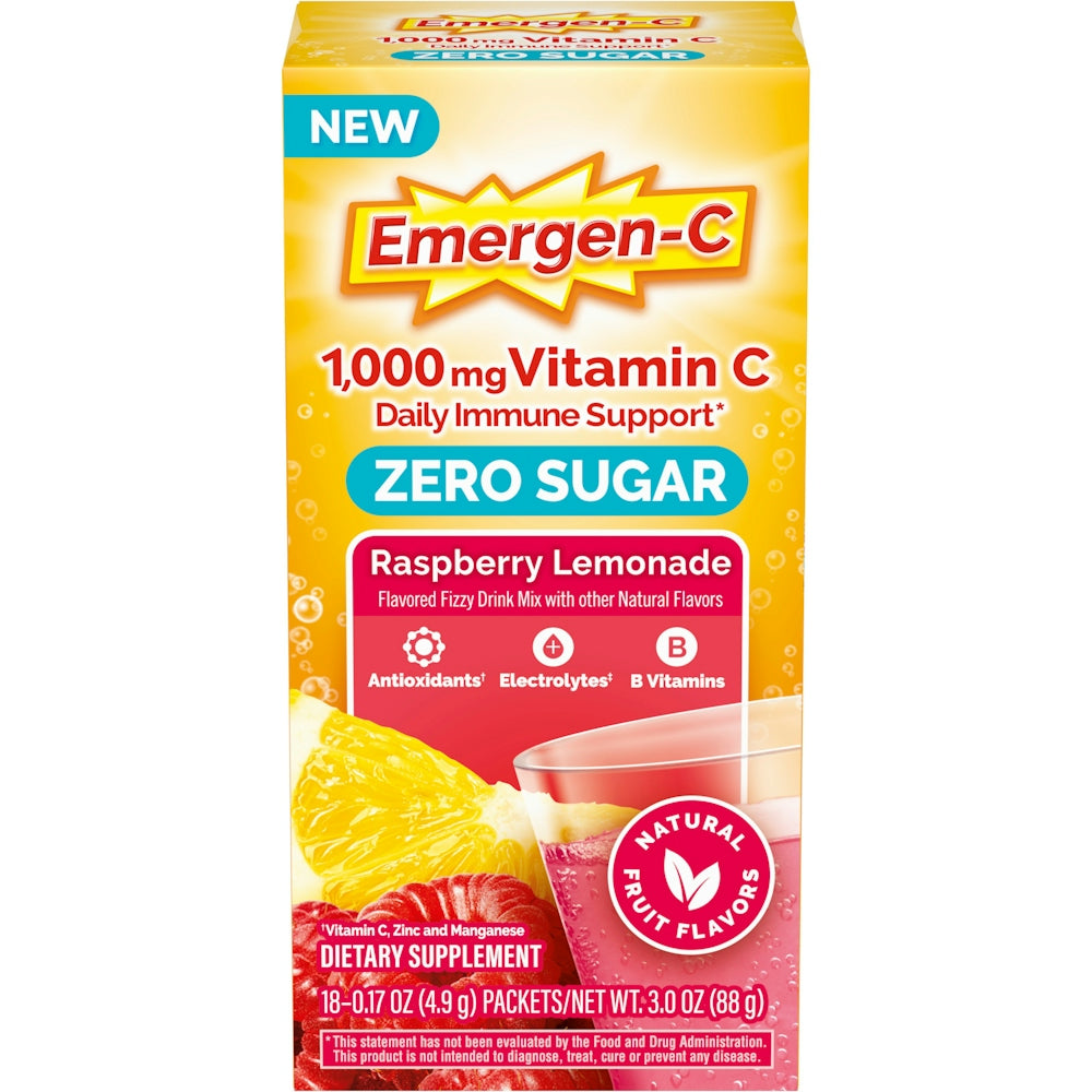 Emergen-C Zero Sugar Raspberry Lemonade immune support powder by Pasteur Pharmacy, featuring a bright orange container and raspberry-lemon flavor.