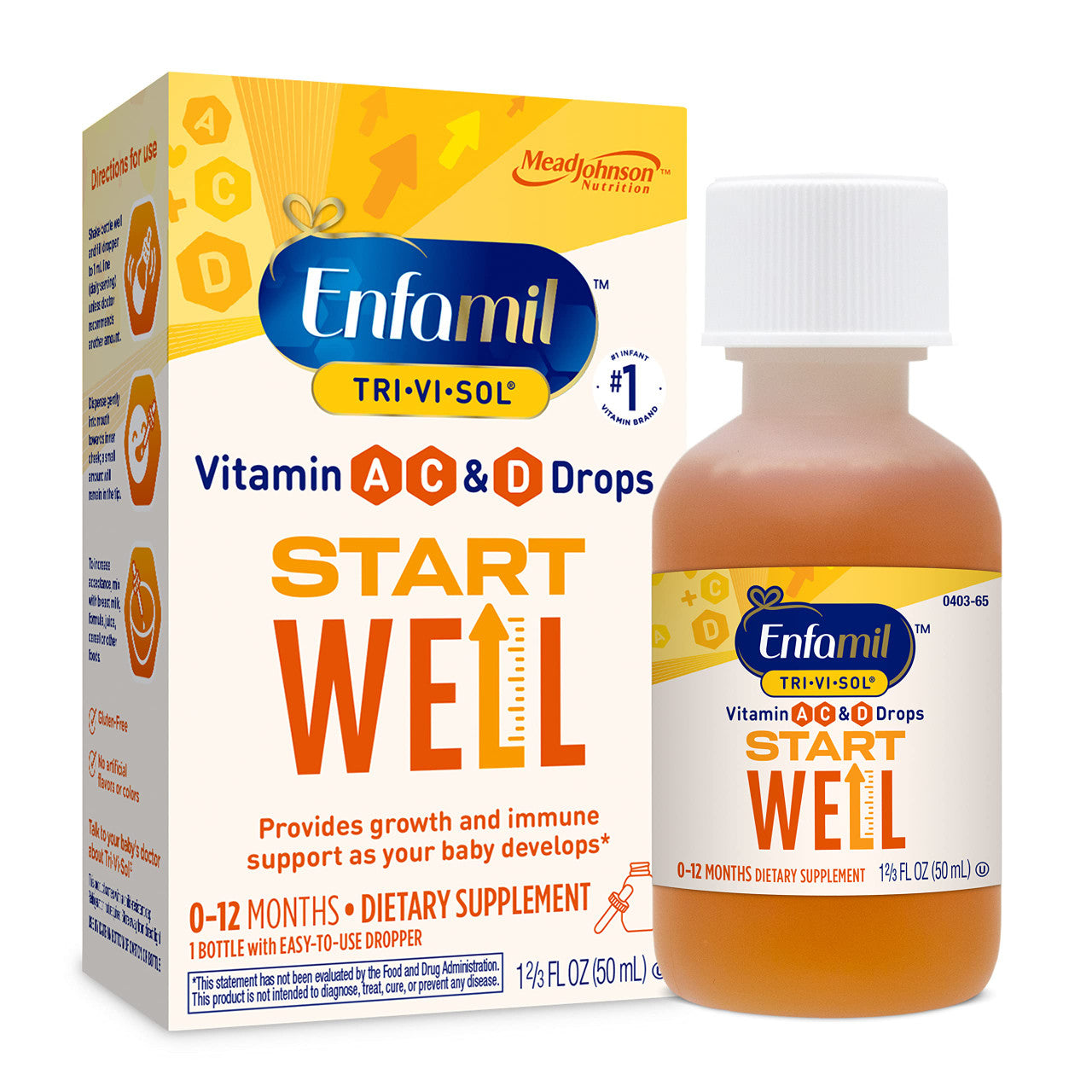 Enfamil Tri-Vi-Sol infant supplement drops with vitamins A, D, and C in a 50ml bottle, designed for infant nutrition.