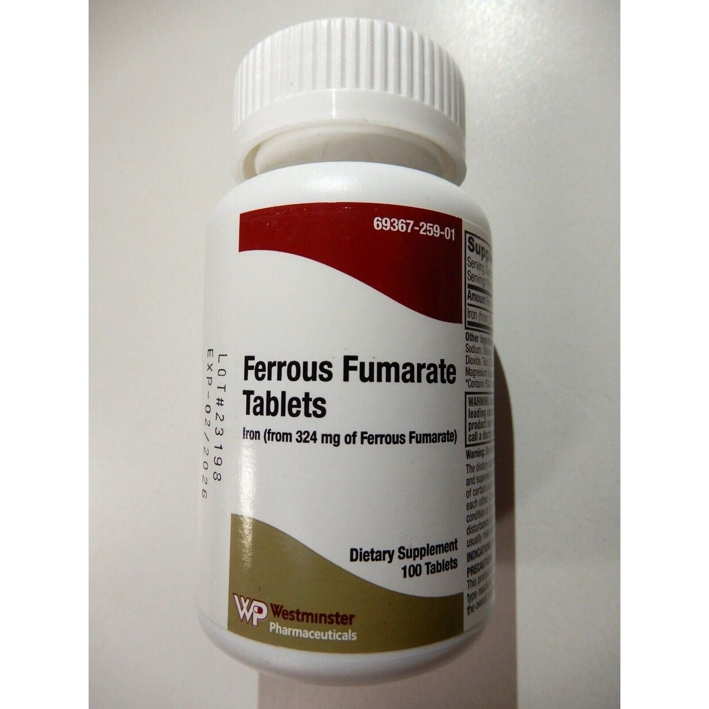 Ferrous Fumarate 324mg tablets in a bottle, dietary supplement for iron deficiency, from Pasteur Pharmacy Vitamins & Supplements.