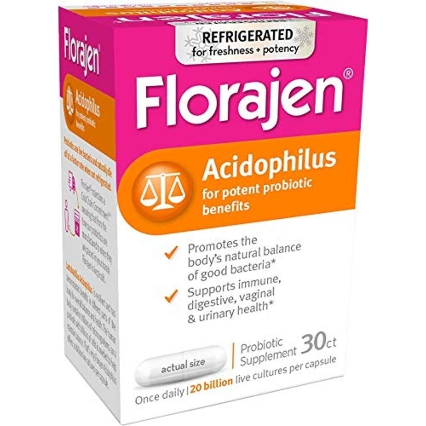 Florajen dietary supplement capsules in a bottle, 30-count, natural vitamins and supplements by Pasteur Pharmacy.