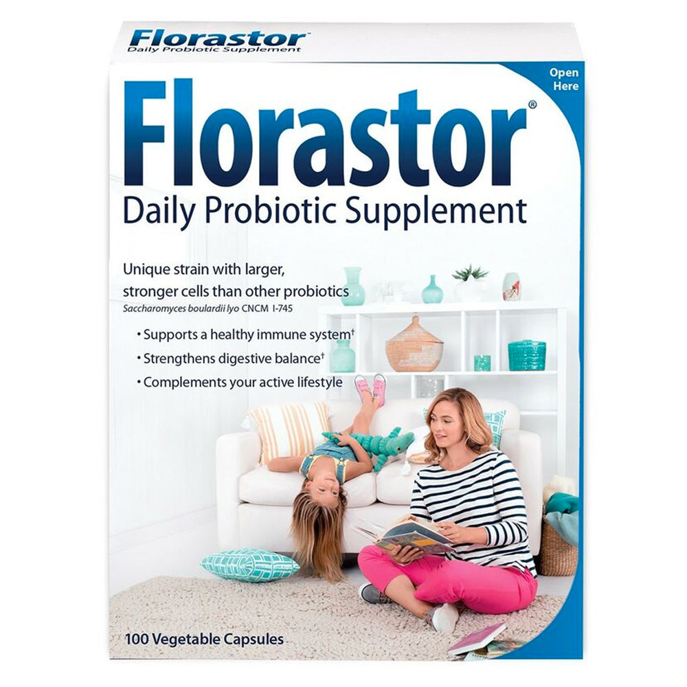 Florastor Daily Probiotic supplement by Pasteur Pharmacy with 100 capsules, promotes digestive health for men and women.