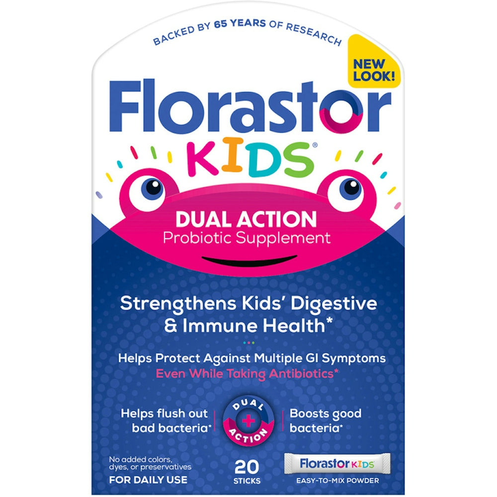 Florastor Kids Daily Probiotic supplement packets by Pasteur Pharmacy, 250 mg, in colorful packaging suitable for children.