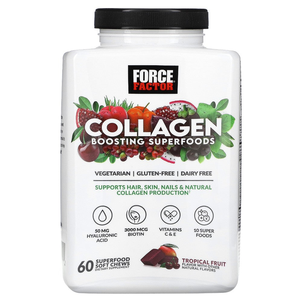 Force Factor Collagen Boosting Superfoods tropical fruit soft chews, vitamin and supplement softgels with tropical flavor in a clear container