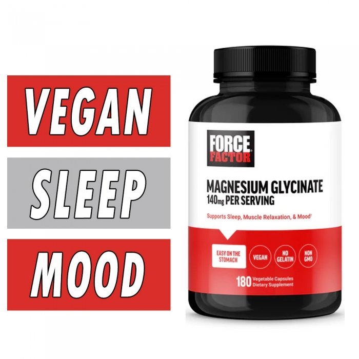 Bottle of Force Factor Magnesium Glycinate 140 mg vegan capsules, dietary supplement for muscle and nerve support.