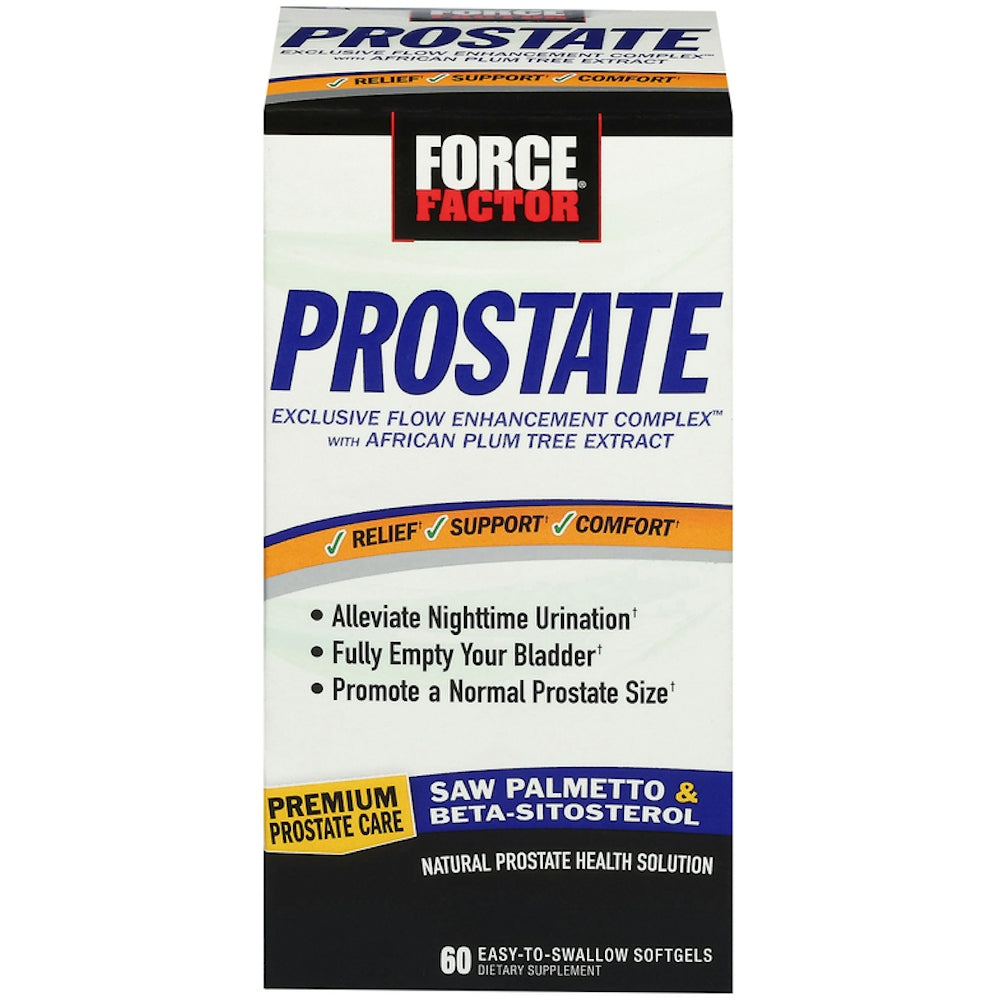 Force Factor Prostate Softgels bottle showing 60 softgel capsules, dietary supplement for prostate health by Pasteur Pharmacy.