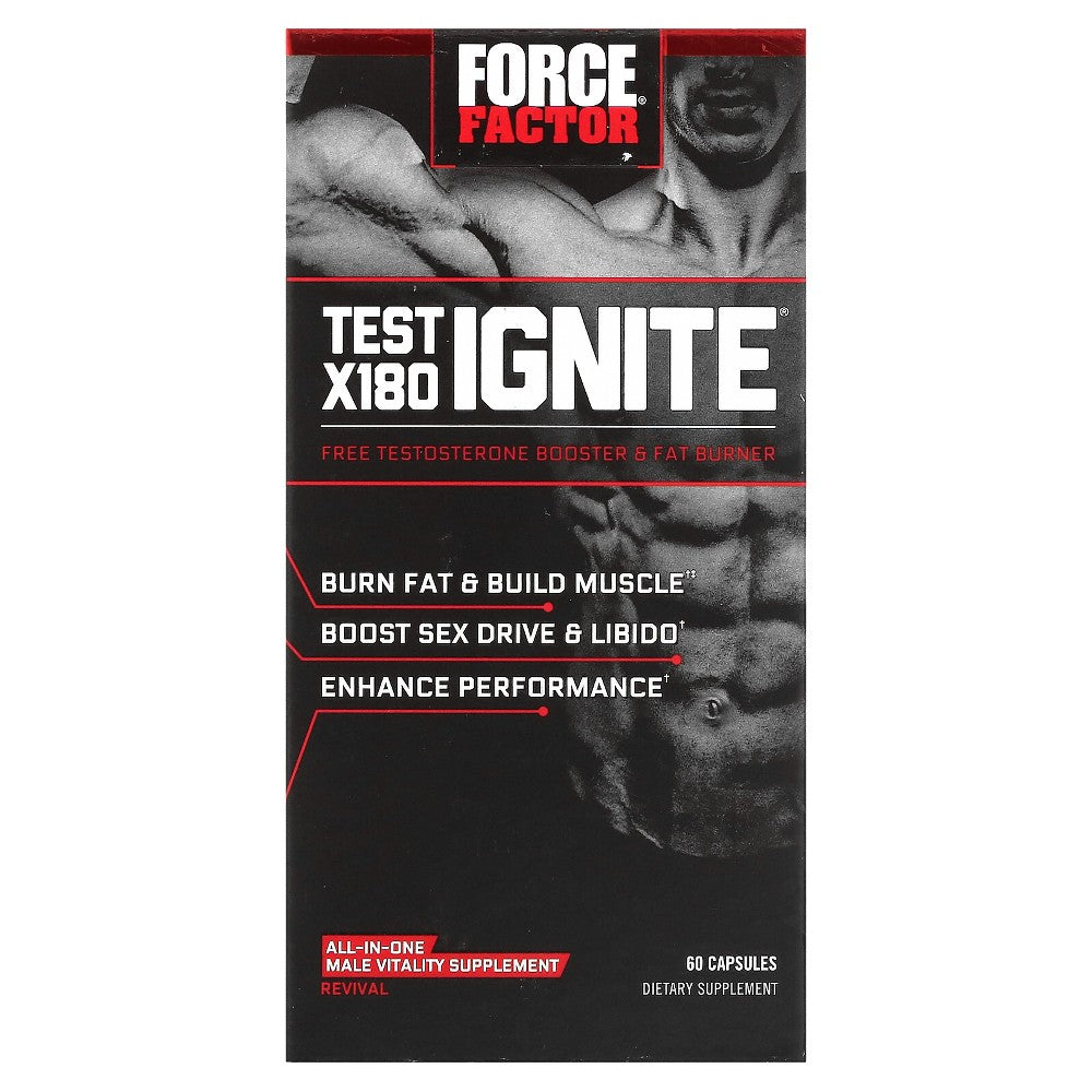 Force Factor Test X180 Ignite testosterone booster and fat burner capsules by Pasteur Pharmacy, 60-count bottle.