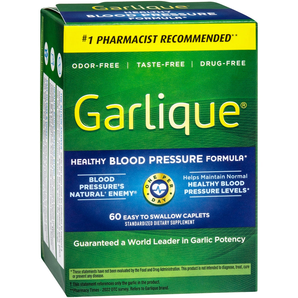 Garlique healthy blood pressure formula odor-free garlic caplets in bottle, dietary supplement for cardiovascular health