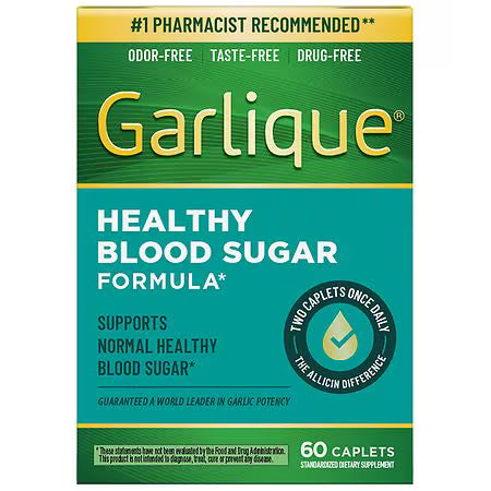 Garlique odor-free garlic blood sugar support supplement in a bottle of 60 caplets, from Pasteur Pharmacy, for healthy blood sugar management.