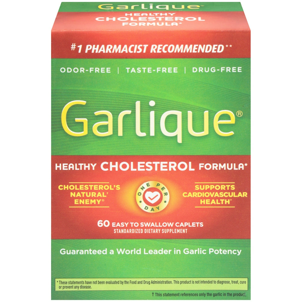 Garlique Healthy Cholesterol Formula drug-free caplets in a 60-count bottle, dietary supplement for heart health and cholesterol support