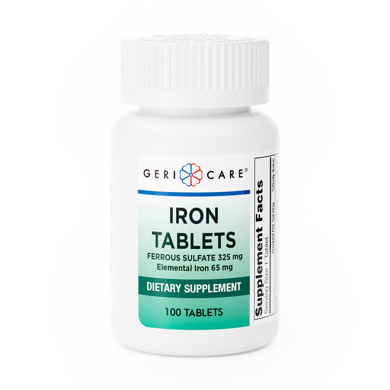 Geri-Care Ferrous Sulfate Iron Tablets 325 mg bottle, dietary supplement for iron deficiency, by Pasteur Pharmacy