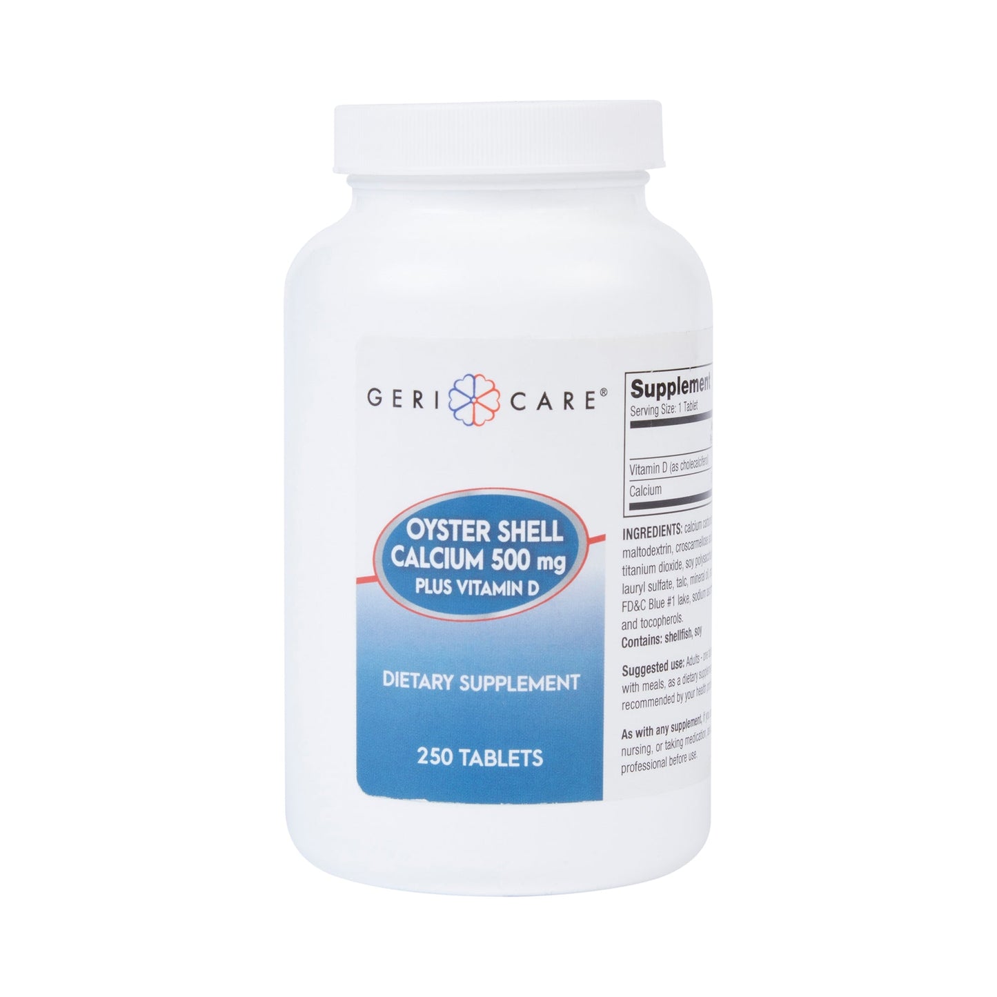 Geri-Care Oyster Shell Calcium 500 mg with Vitamin D supplement by Pasteur Pharmacy, showing the bottle and label.