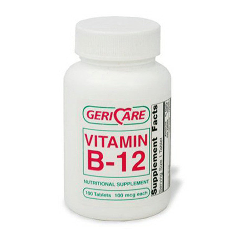 Geri-Care Vitamin B-12 supplement bottles with 100 tablets, providing 100 mcg of vitamin B-12 for daily health support.