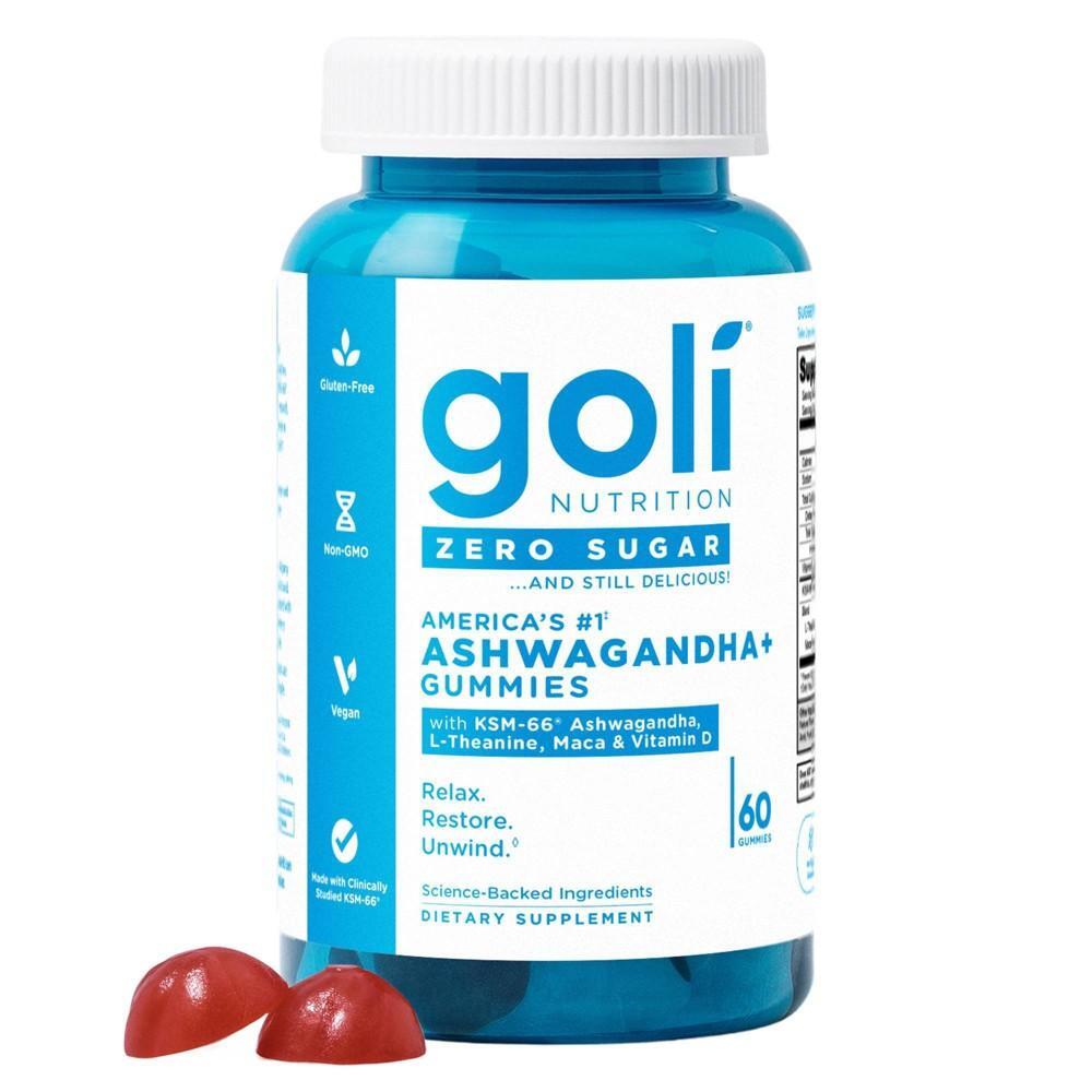Goli Nutrition Ashwagandha sugar-free vegan gummies in a bottle, dietary supplement for stress relief, 60 count.