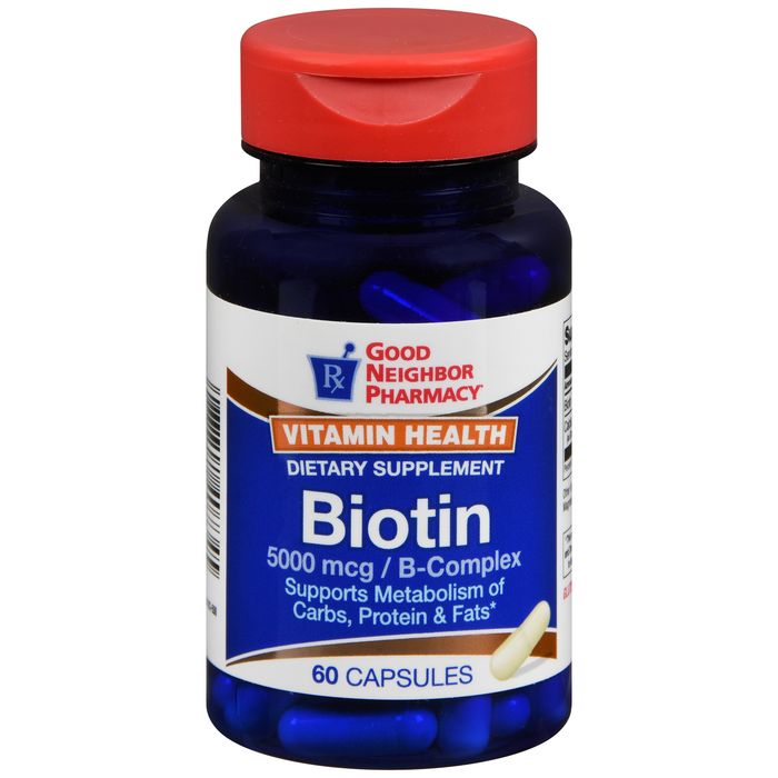 Good Neighbor Pharmacy GNP Biotin 5000 mcg dietary supplement capsules by Pasteur Pharmacy shown in a bottle.