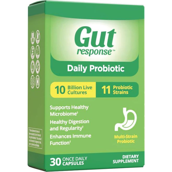 Gut Response Daily Probiotic Capsules by Pasteur Pharmacy, 30-count, dietary supplement for digestive health and balanced gut flora.