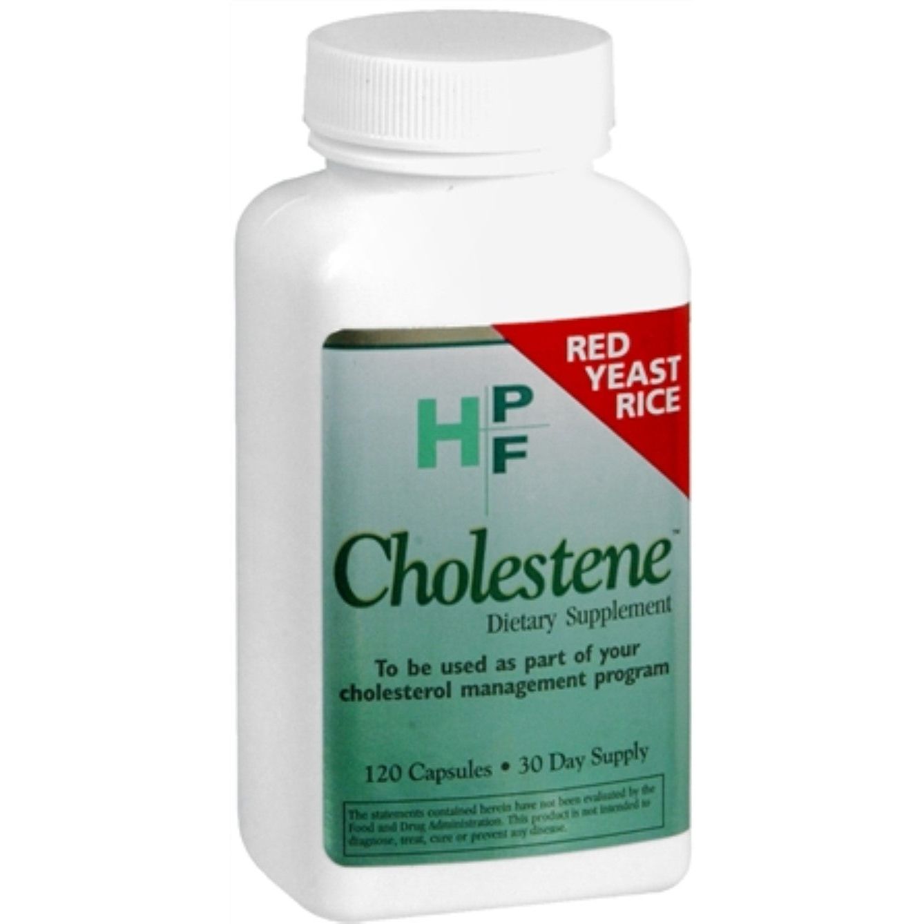 Healthy Origins HPF Cholestene Red Yeast Rice capsules in a bottle, dietary supplement for cholesterol support, 120 capsules.
