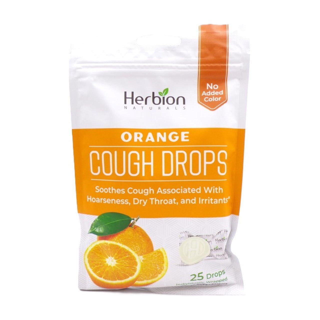 Herbion Naturals orange cough drops in a clear container, 25 drops of natural vitamins and supplements for soothing throat relief.