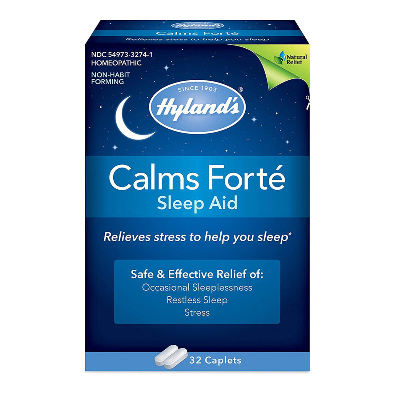 Hyland's Calms Forte sleep aid caplets in a bottle, natural vitamins and supplements for restful sleep from Pasteur Pharmacy