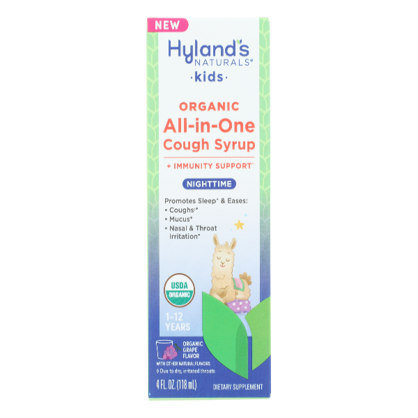 Hyland's Naturals Kids Organic Cough Syrup Nighttime Grape, 4oz bottle, natural vitamins and supplements for children.