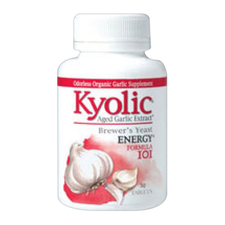 Kyolic Aged Garlic Extract and Brewers Yeast Energy Formula caplets, dietary vitamins and supplements for health support.