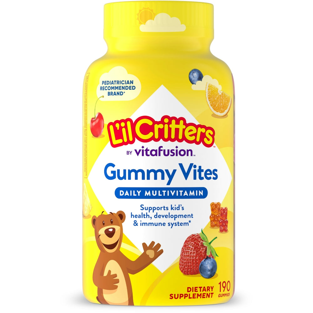 L'il Critters Gummy Vites vitamins and supplements bottle with 190 gummies, colorful chewable multivitamins for kids.