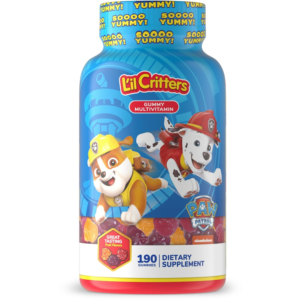 L'il Critters Paw Patrol multivitamin gummies in a bottle, featuring Paw Patrol characters on the label, 190-count bottle.