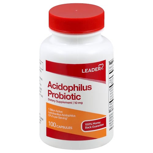Leader™ Acidophilus Probiotic capsules by Pasteur Pharmacy, 10 mg dietary supplement, shown in a blister pack.
