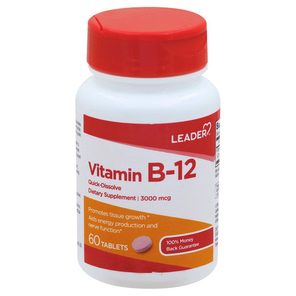 Leader B-12 3000 mcg quick dissolve tablets from Pasteur Pharmacy, 60-count vitamin supplement bottle.