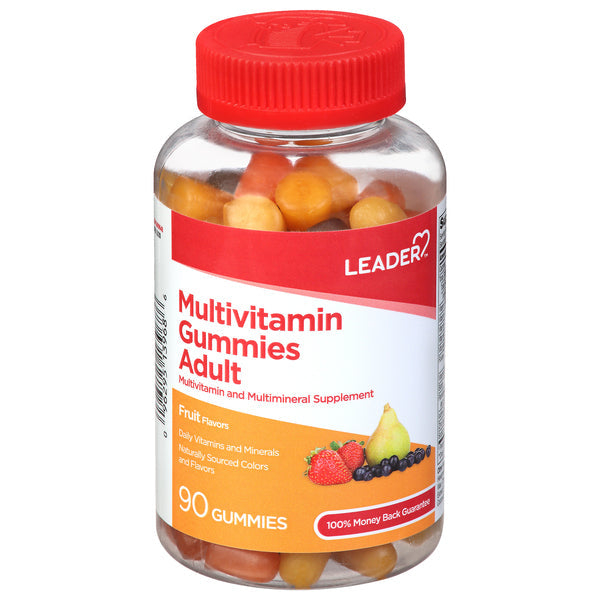 Adult Leader Health Care Multivitamin Gummies in fruit flavors, showing colorful gummy vitamins in a clear container.