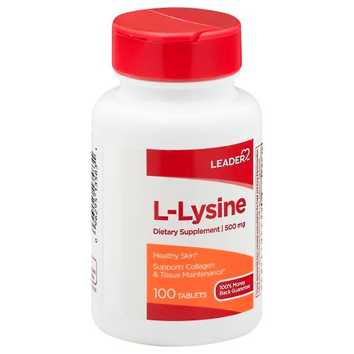 Leader™ L-Lysine 500 mg supplement tablets for amino acid support, shown in a bottle with white tablets inside.