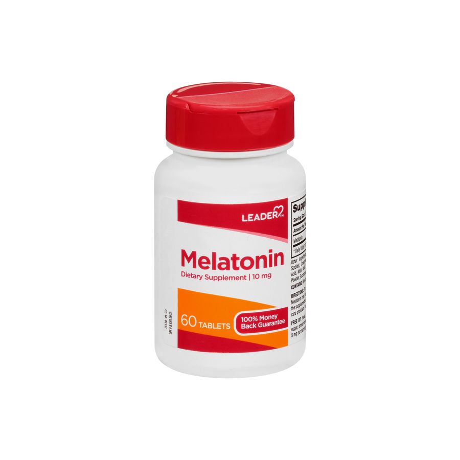 Leader™ Melatonin 10 mg maximum strength sleep support tablets by Pasteur Pharmacy, shown in a clear bottle with 60 tablets inside.
