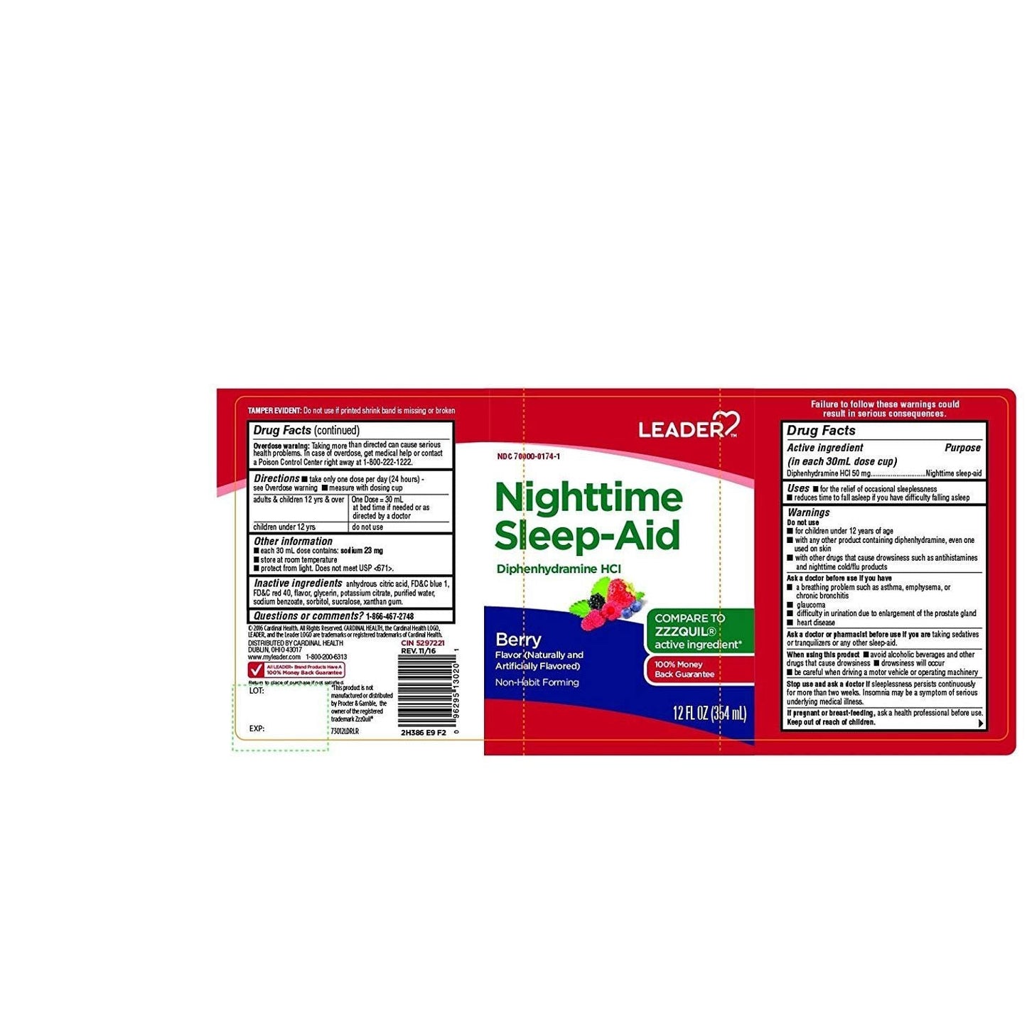 Leader™ Nighttime Sleep Aid in berry flavor, liquid supplement in a 12 fl oz bottle, designed to promote restful sleep.