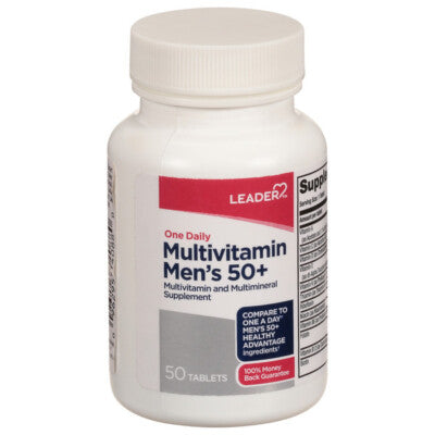 Leader(TM) Multivitamin Men’s 50+ tablets, dietary supplement from Pasteur Pharmacy, showing a bottle of 50 tablets for men's health.