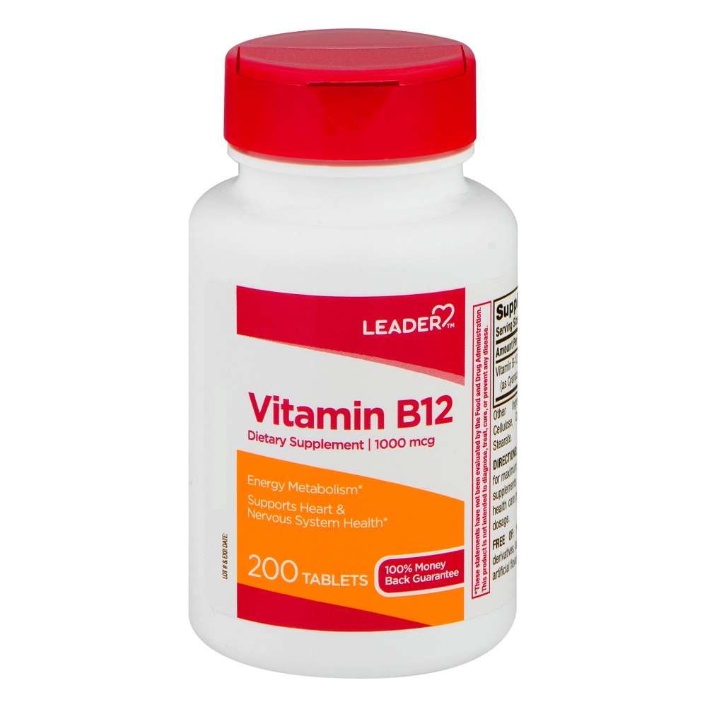 Leader Vitamin B12 1000mcg tablets from Pasteur Pharmacy, bottle of 200 supplement tablets with blue and white labeling.