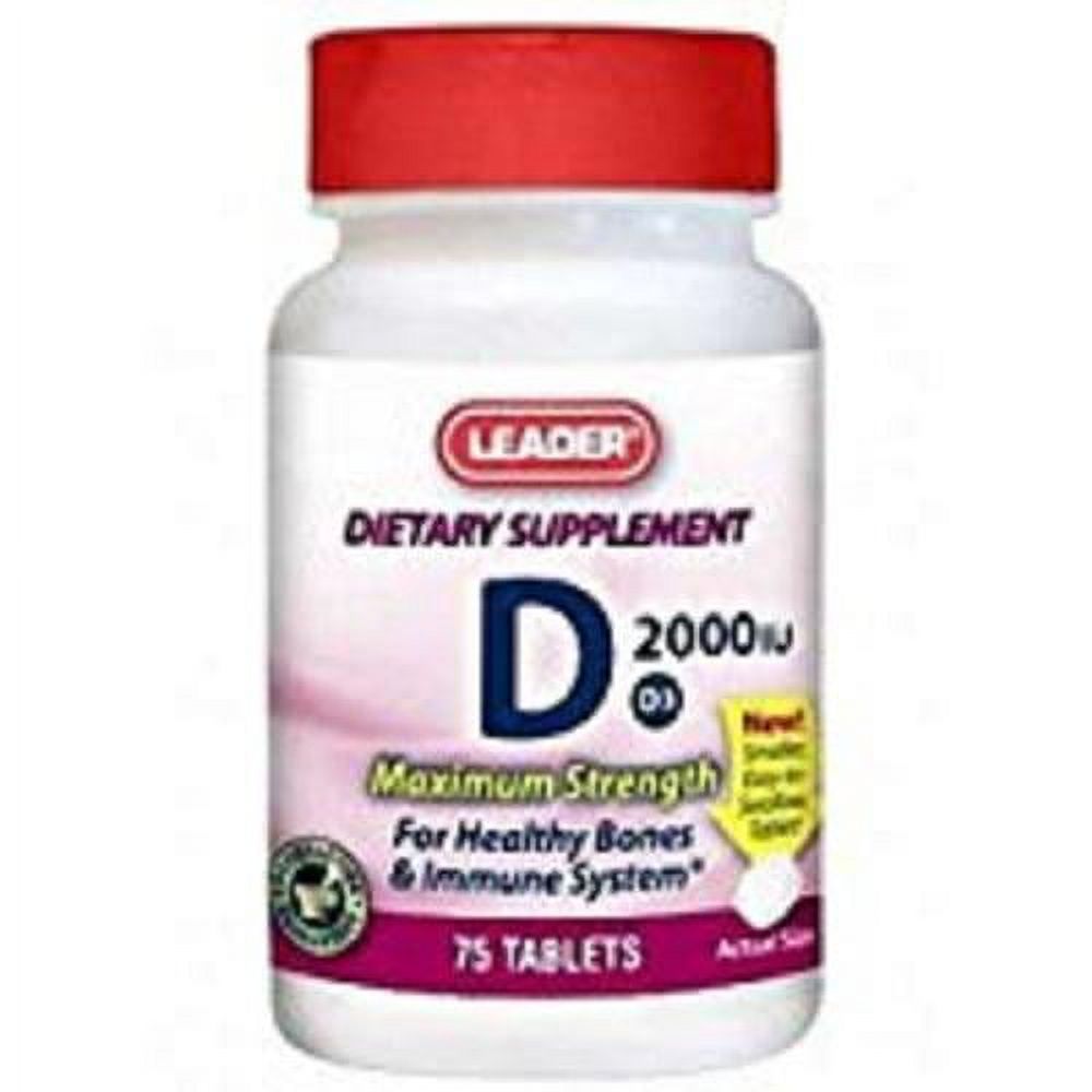 Leader™ Vitamin D3 50 mcg tablets, dietary supplement in a bottle, from Pasteur Pharmacy, 75 count.