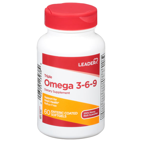 Leader Triple Omega 3-6-9 enteric coated softgels in a bottle, dietary supplement for healthy fats, from Pasteur Pharmacy.