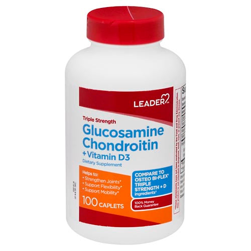 Leader™ Triple Strength Glucosamine Chondroitin Vitamin D3 caplets for joint health, shown in a bottle of vitamins and supplements.