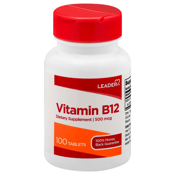 Leader Vitamin B12 500 mcg tablets from Pasteur Pharmacy, showing a bottle of 100 B12 supplement tablets.