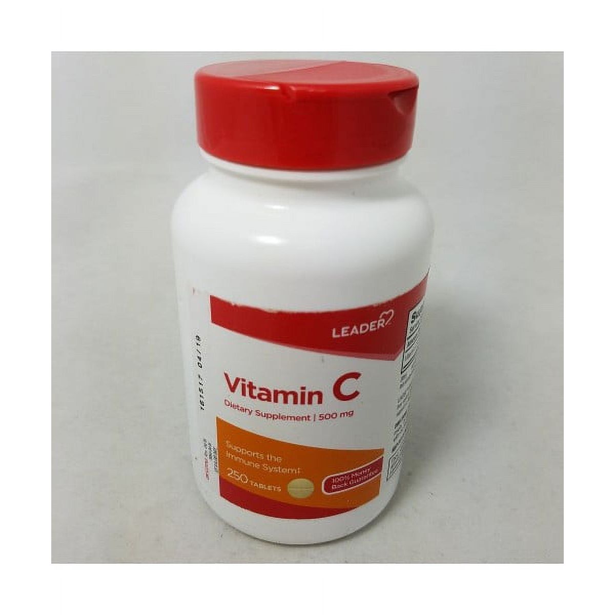 Leader™ Vitamin C 500 mg tablets from Pasteur Pharmacy, orange-flavored dietary supplement in a white bottle.