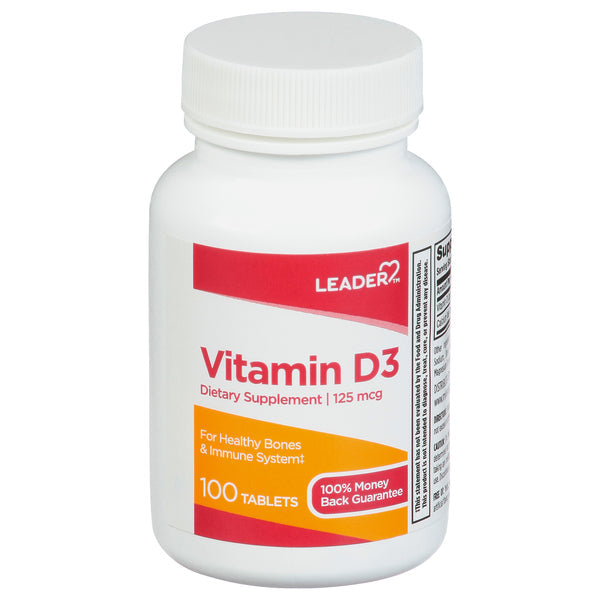 Leader Vitamin D 5000 IU tablets from Pasteur Pharmacy, 100-count bottle of vitamin D supplements for immune support.