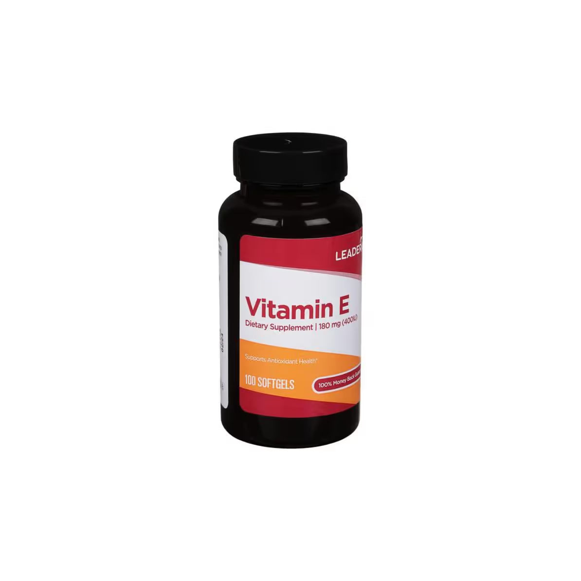 Leader Vitamin E 180mg softgels, 100 count, dietary supplement in clear softgel capsules with orange tint.