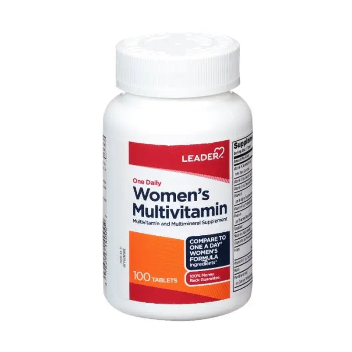 Leader Women's multivitamin tablets from Pasteur Pharmacy, 100-count bottle of dietary vitamins and supplements for women.