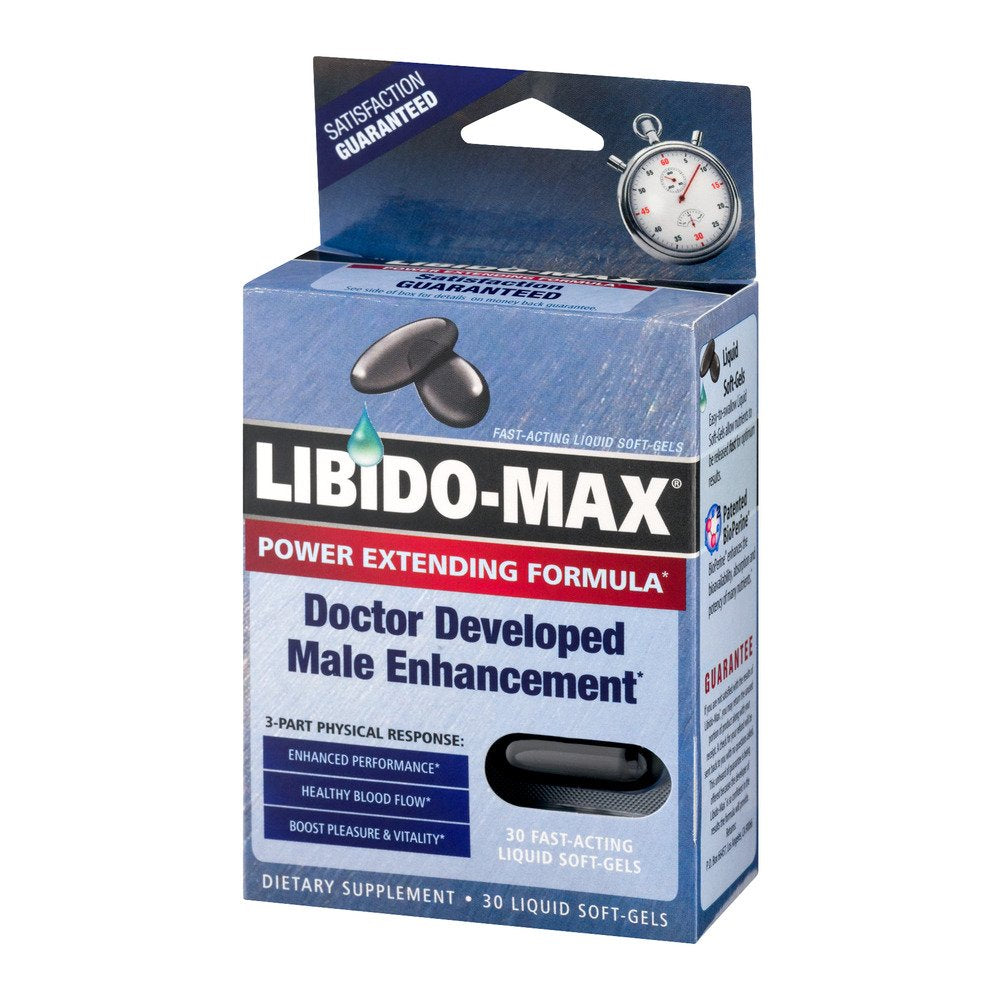 Libido Max Male Enhancement liquid soft-gels in a bottle from Pasteur Pharmacy, dietary supplement for male vitality.