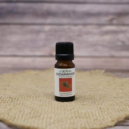 Bottle of LorAnn Oils Cedarwood Oil, a natural essential oil supplement from Pasteur Pharmacy, with cedarwood scent and therapeutic uses.