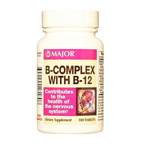 Pasteur Pharmacy Major Vitamin B-Complex with B-12 tablets in a white bottle, showing 100 supplement tablets.